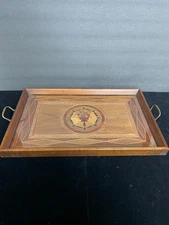 Vintage Marquetry Wood Inlay Tray Exotic Woods Oak Glass Overlay 19"x12"
