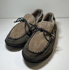 Sorel Slippers Men Sz 9 Gray Fur Lined Leather Dude Moccasin