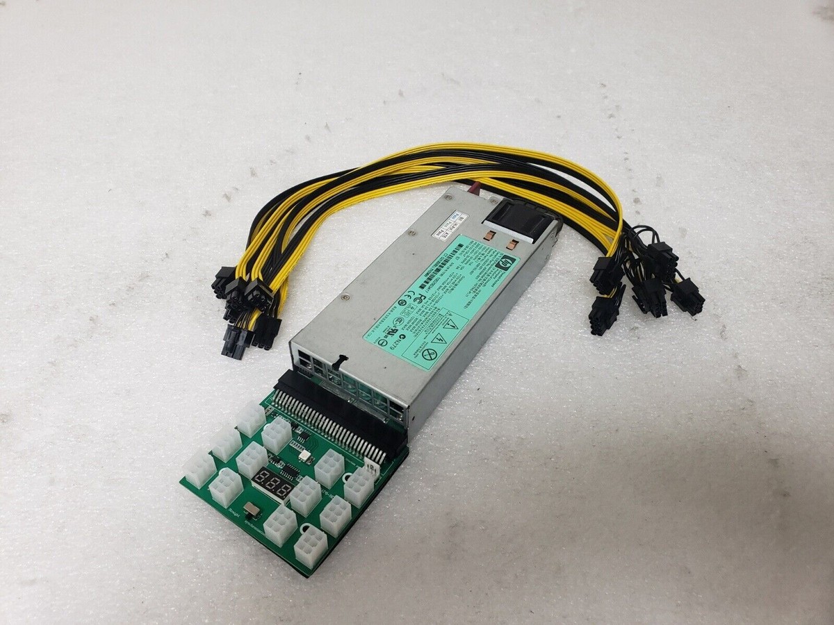 HP 1200W ETH ASICS Bitcoin Crypto Mining Power Supply / Breakout Board 12  Cables