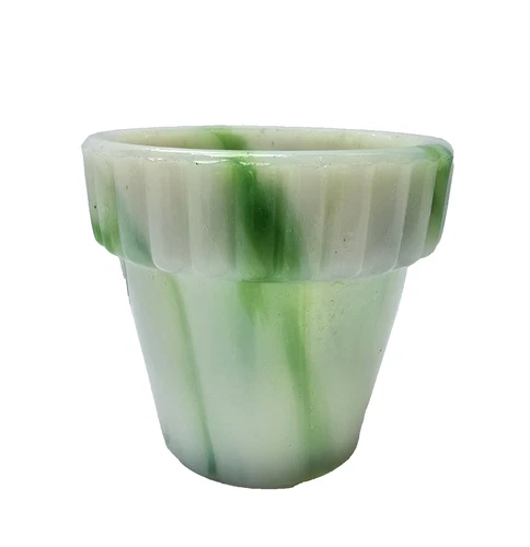 Vintage Akro Agate Slag Glass Green White FLOWER POT Toothpick Holder USA 2-3/8"