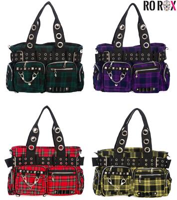 Banned Camdyn Schultertasche Tartan kariert Karo Grunge Punk Handschellen Details