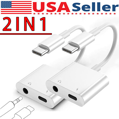 2 in 1 Charger Headphone USB Type C to 3.5mm Aux Audio Cable Cord Adapter Lot
