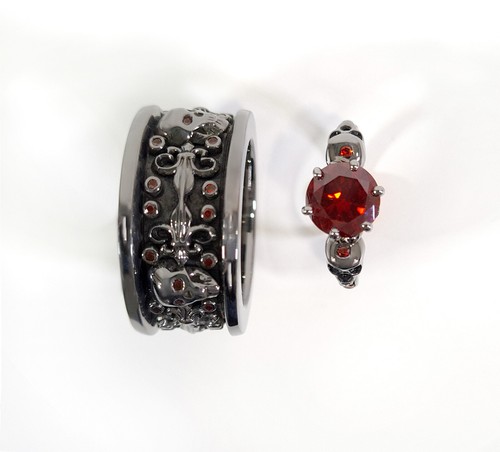 Dark Vampire Queen Inspired Matching Skull Wedding Ring Band Couple Gun Metal Fn - Picture 3 of 10