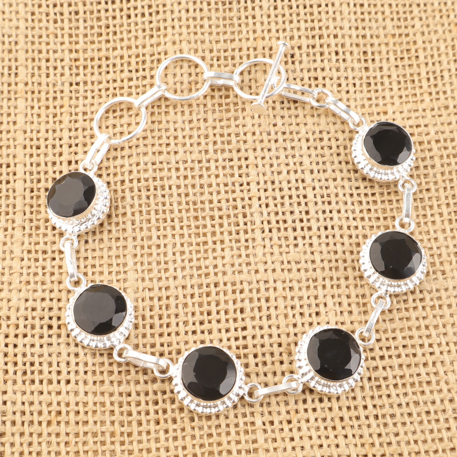 Round Black Onyx Sterling Silver Chain Bracelet for Valentine Gift