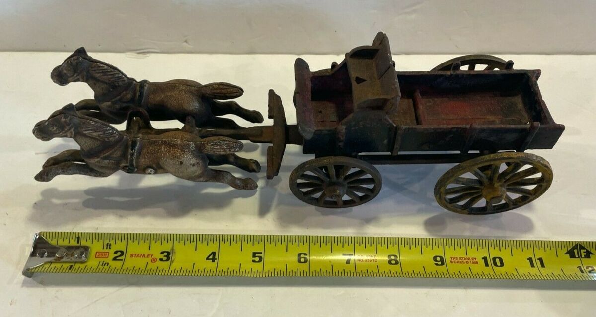 Vtg Cast Iron Toy Horse Drawn Farm Wagon Buckboard Logging Americana Antique
