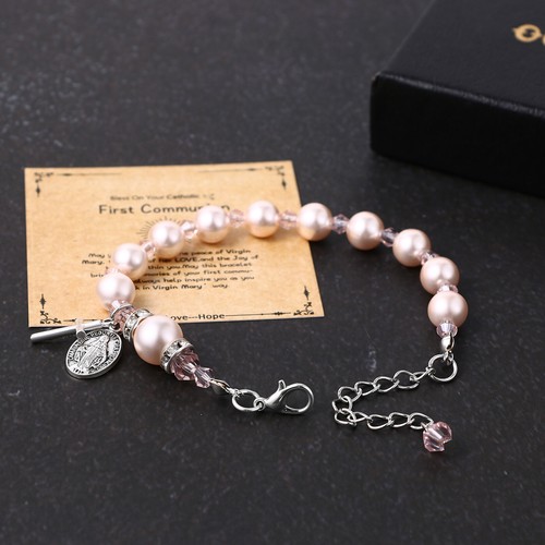 Virgin Mary Rosary Bead Cross Chain Simulated Pearl Beaded Bracelet for Women - Picture 17 of 56