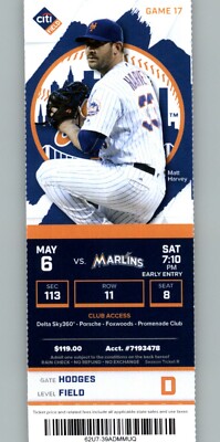 Miami Marlins vs New York Mets 6/6/2017 Full Ticket - Matt Harvey