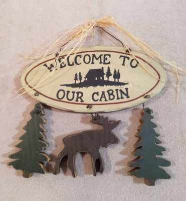 Welcome To Our Cabin moose & pine trees wood hanging indoor outdoor sign NEW