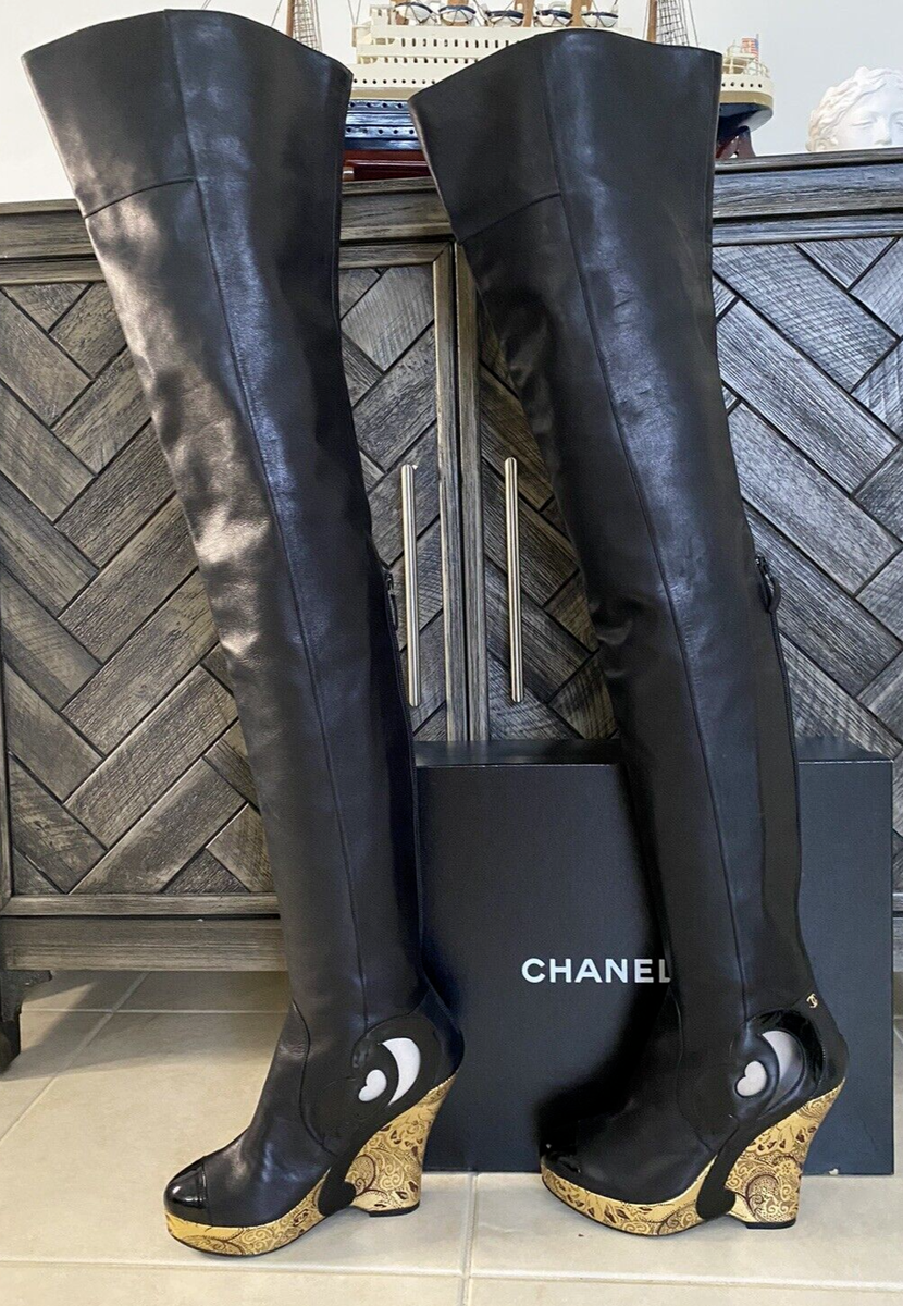 CHANEL Paris-Moscow Thigh-High Cap-Toe Black Leather Boots CHANEL Paris-Moscow Thigh-High Cap-Toe Black Leather Boots