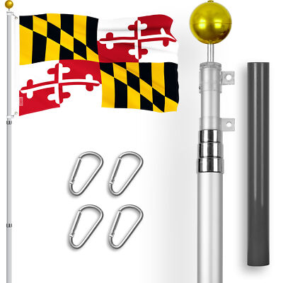 Combo: 16Ft Telescoping Flagpole Silver & Maryland MD State Flag 3x5 Ft Emb 300D