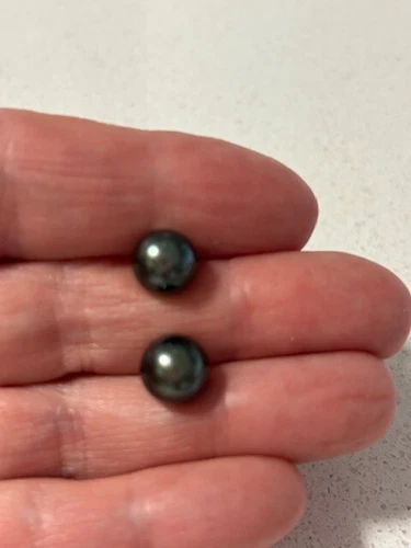Vintage 14k Yellow Gold Tahitian Black Pearl Stud Earrings 8MM - EUC
