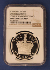 2015 Silver Proof £5 coin "Longest Reigning Monarch" NGC Graded PF69 Ultra Cameo