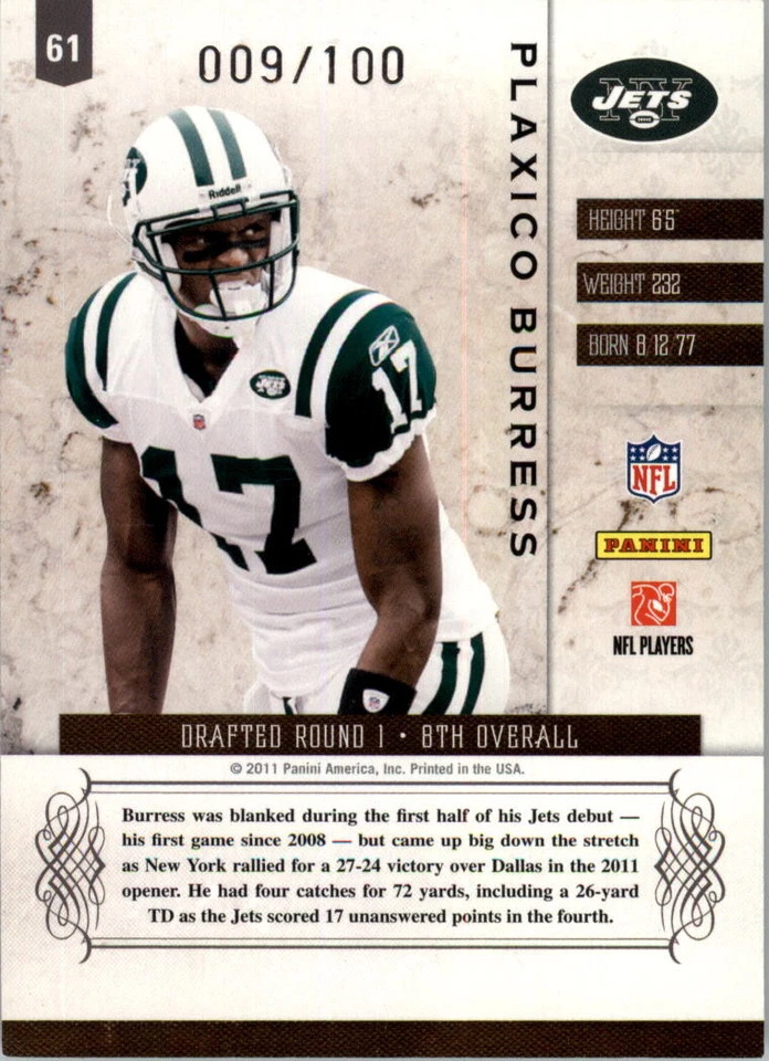 2011 Panini Plates and Patches Silver #61 Plaxico Burress JETS 009/100 - NM-MT - Image 2 of 2