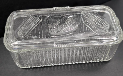 Refrigerator Dish Federal Glass Clear Ribbed Rectangular with lid Vintage