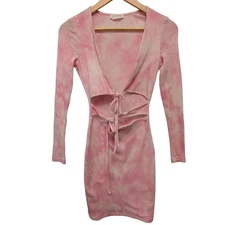 Lovers + Friends Justine Mini Dress Pink Tie Dye Print Ribbed Cutout Double Tie