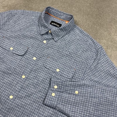 Orvis Shirt Mens XL Chambray Button Down Tech Blue Roll Tab Work Flap Pockets