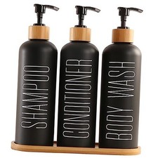 Shampoo and Conditioner Dispenser with Bamboo Pumps  Tray, Perfect for Black