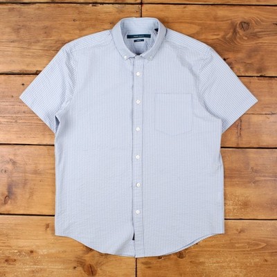 Perry Ellis Button Hemd M Herren Seersucker Kurzarm Preppy Sommer Blau