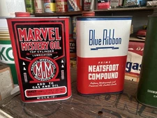 Vintage Antique Motor Oil Cans Marvel Mystery Gas Blue Ribbon Neatsfoot Qt Old