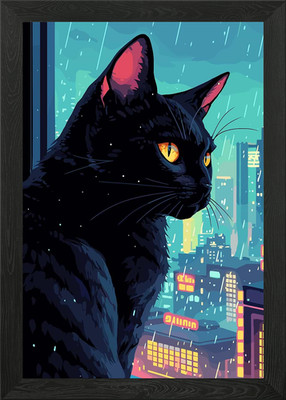 Schwarze Katze Regen Fenster gerahmtes Wandbild Poster Leinwanddruck Bild