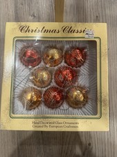 Vtg 8 Gold  Red Christmas Classics Hand Decorated Glass Ornaments European