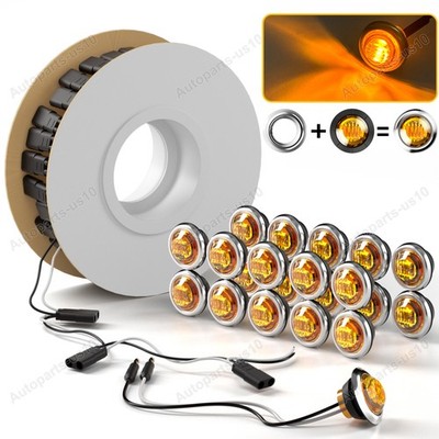 20x Amber 3/4'' Marker Light LED Trailer Clearance w/Plug & Stainless Ring & Wire