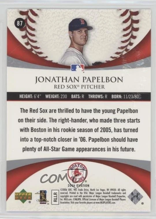 2006 Upper Deck Ovation Ovation Rookies /999 Jonathan Papelbon #87 - Image 2 of 2