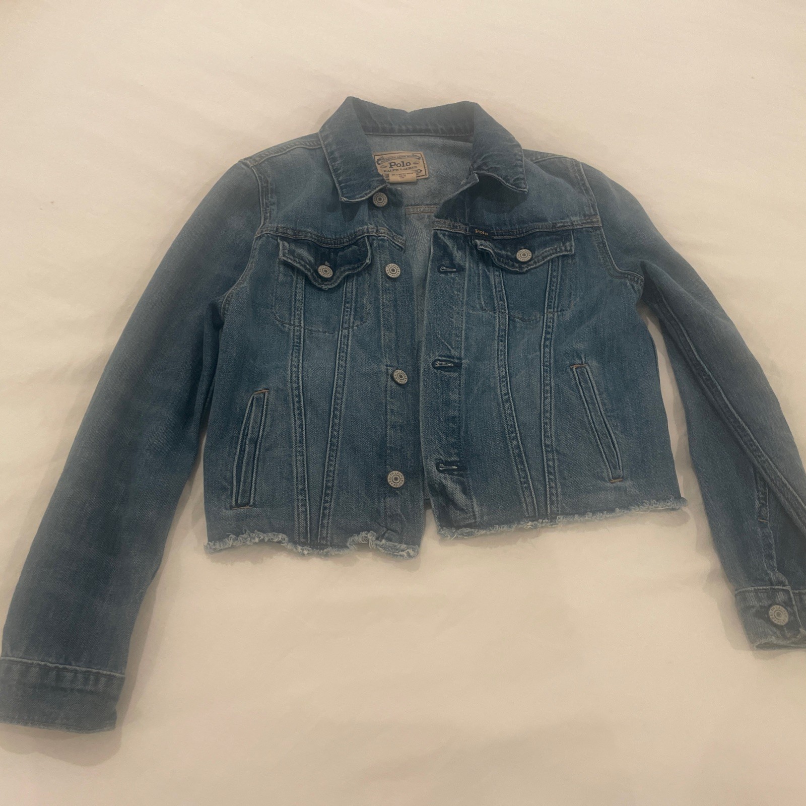 Polo Ralph Lauren Jacket Girls Blue Denim Jean Size 14 Big Logo Pony Distressed