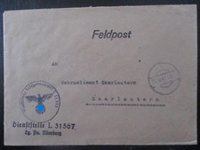 X4498 Umschlag FPNr. L 31567, LGPA N&uuml;rnberg, vom 21.10.43 an W.M.A. Saarlautern