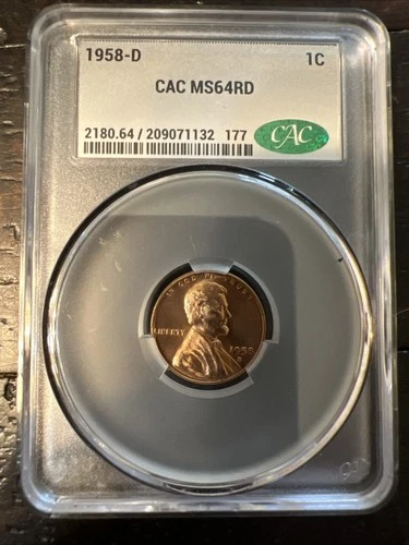 1958 Denver Lincoln Wheat Cent/Penny, Uncirculated, Red CAC MS64RD