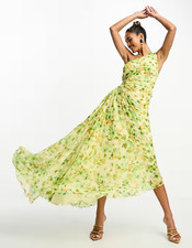 Mango Premium Asymmetric Floral Midi Dress With Cut Out Detail In Yellow Size 6
