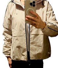 Tommy Hilfiger Women's Beige Hooded Zip Windbreaker Jacket Logo Trim Size M
