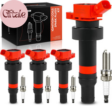 Red Ignition Coil Pack and Iridium Spark Plugs Compatible with Hyundai Kia V