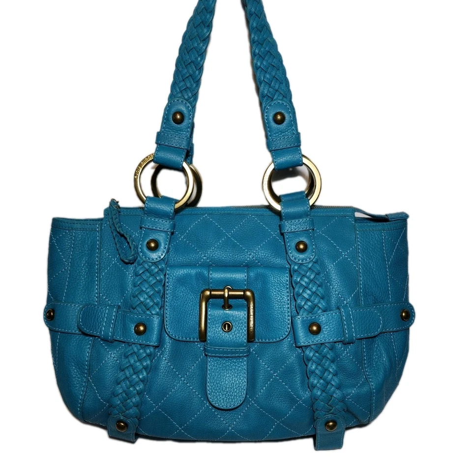 ISABELLA FIORE CAROLINA TURQUOISE LEATHER BRAIDED ACCENTS ZIP TOP HANDBAG MR$695