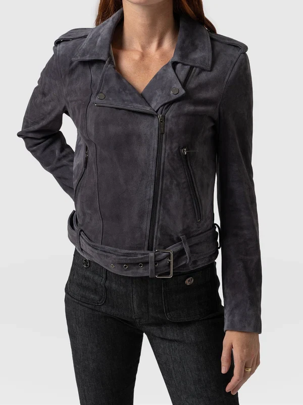 Womens Suede Leather Jacket Dark Gray Biker Motorcycle Size S M L XL XXL 3XL - Image 2 of 4