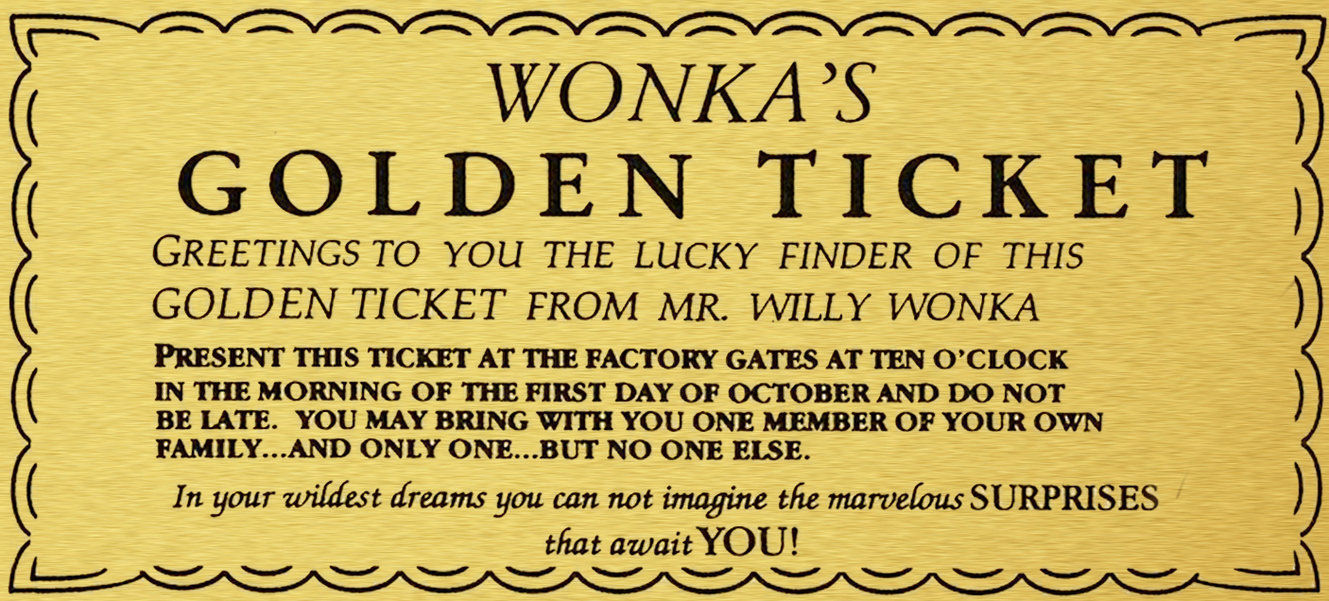 WILLY WONKA GOLDEN TICKET - Gold SIGN WALL ART charlie chocolate factory