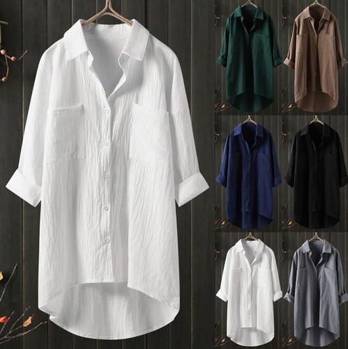 Summer Women Plus Size Tops T Shirt Tops Baggy Cotton Linen Long Sleeve New
