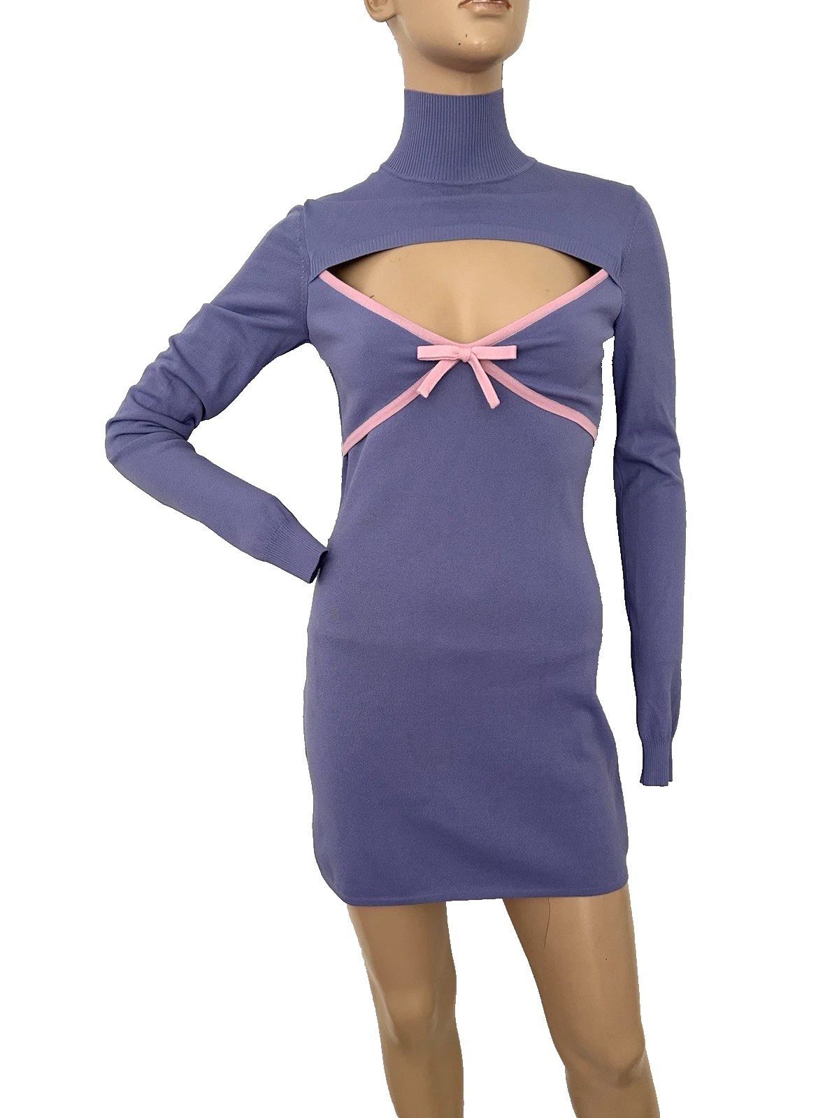 MOSCHINO JEANS mini abito rosa lilla ritagliato manica lunga UK 8 US 6 IT 40 NUOVO