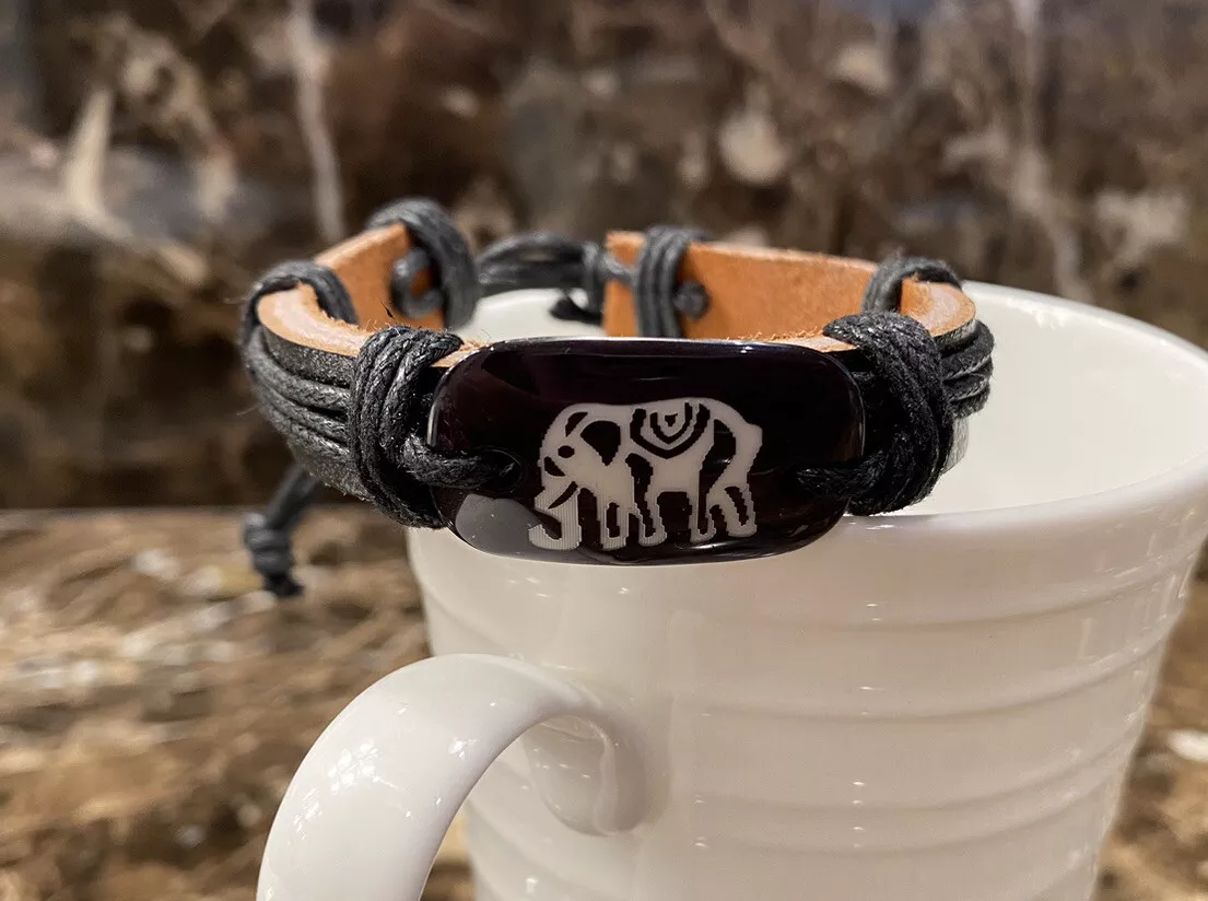 Black Leather Cord Adjustable Bracelet with Enamel Elephant
