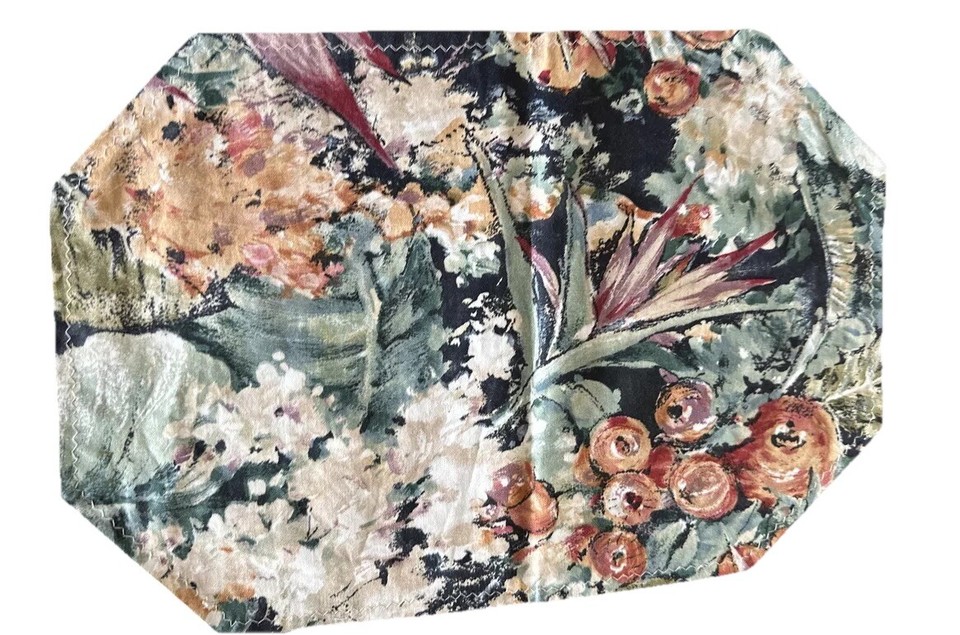 Vtg Cotton Floral Placemats Set of 6 11x16”Green Orange Brown Plants