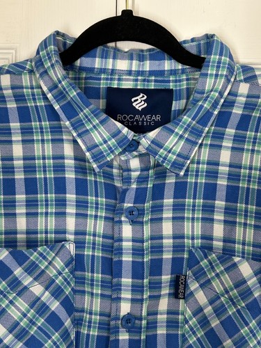 Rocawear Classic Men's 3XB Button Up Short Sleeve Blue Plaid Shirt Pockets - Picture 2 of 12