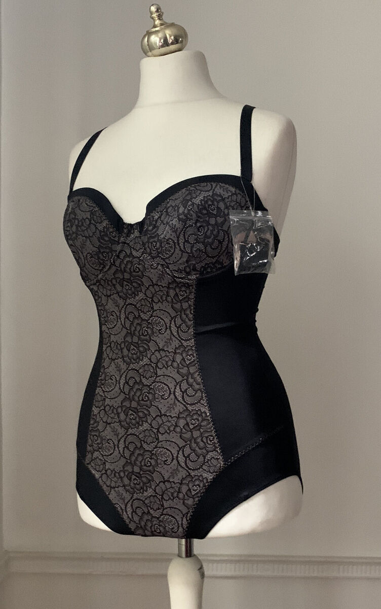 Debenhams Glamour Satin Black Corselette Body Shaper With Suspenders Size  34D