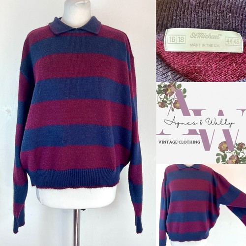 Vintage 1980er St Michael gestreifter kastenförmiger Pullover mit Kragen Größe UK 16/18