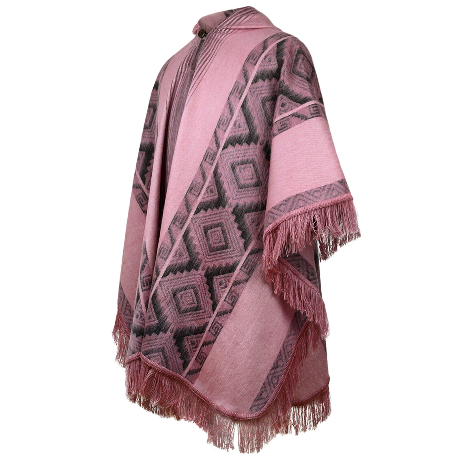 LIGHTWEIGHT BABY ALPACA WOOL HOODED PONCHO FRINGE UNISEX DUSTY ROSE & CHARCOAL
Opens in a new window