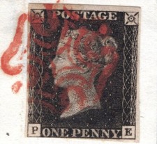 PENNY INTENSE BLACK 1840 QV SG.1 1d Plate 7 (PE) Red MX Piece Cat £400 BRRED105