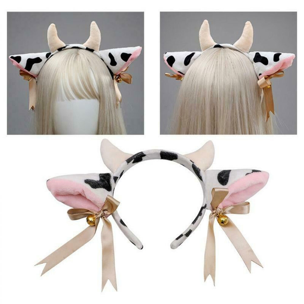 Plush Cow Ears Headband with Bells Ribbon Bow Anime Lolita Hair Hoop Cosplay #