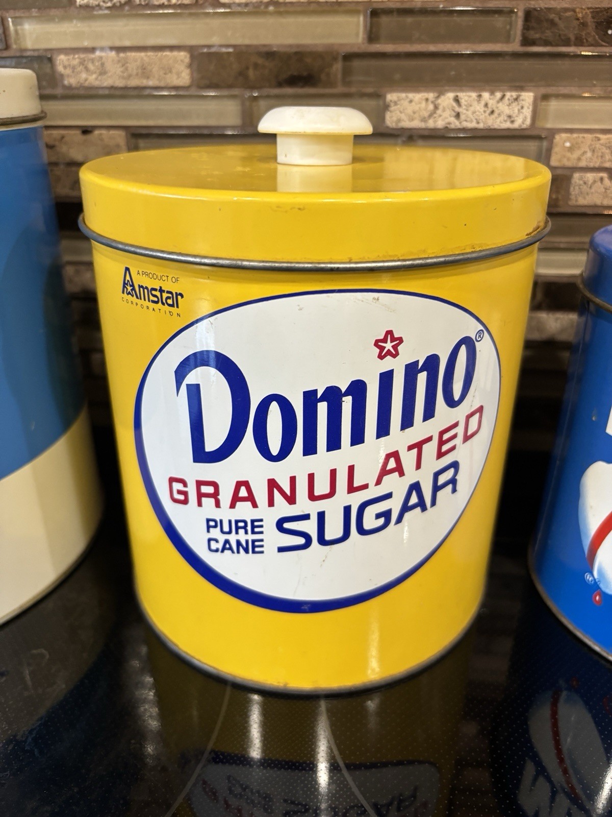 J.L. Clark Metal Tin Canister Set Pillsbury, Domino, Maxwell, Lipton w/lids