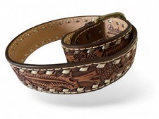 Vtg Handcrafted Buckle Belt Tooled Leather 30 Brown Silver Toned Studded Western