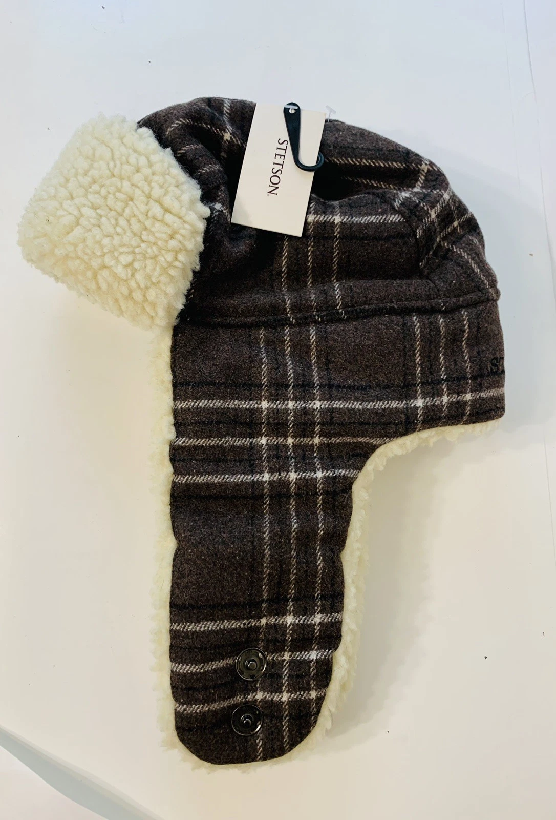 Stetson Mens Brown Plaid Sherpa Hat Trapper Winter Medium -New With Tag