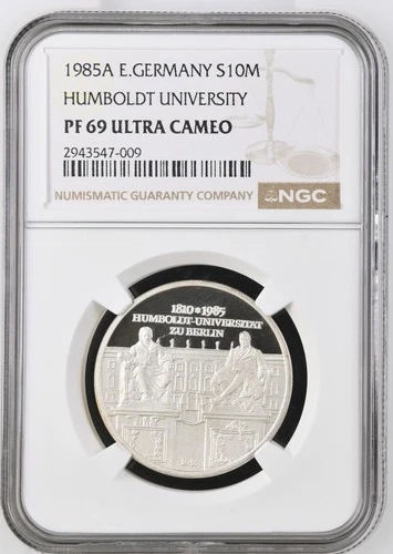 Germany Democratic Republic Silver 10 Mark 1985 NGC PF69 U.C HUMBOLDT UNI T.POP